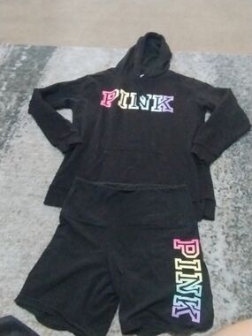 PINK Victoria's Secret Black Hoodie and Shorts Set Rainbow Logo Women's Sz Med